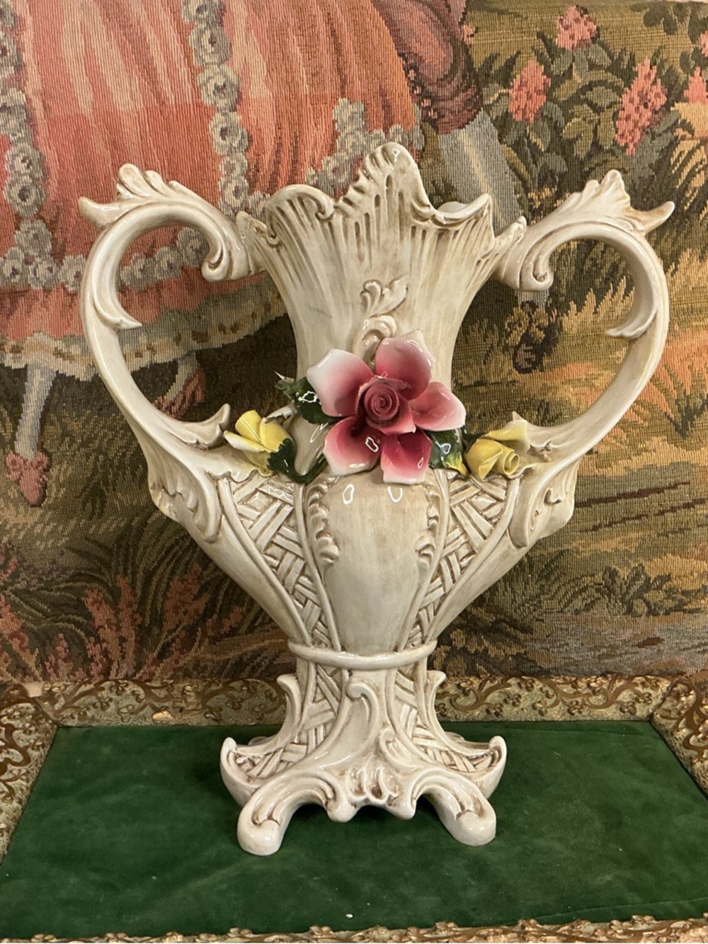Ivory Ceramic Double-Handle Floral Vase with Pink Rose Accent